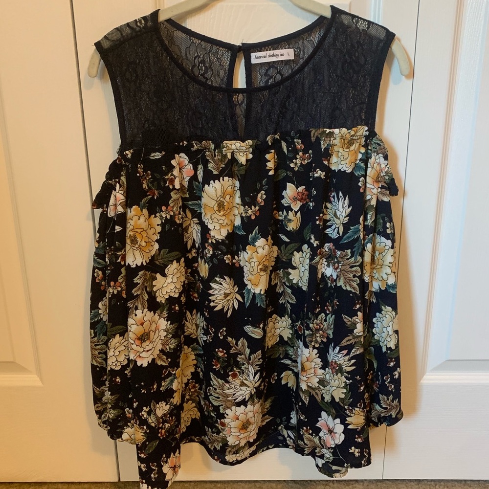 Floral and Lace Cold Shoulder Peasant Top